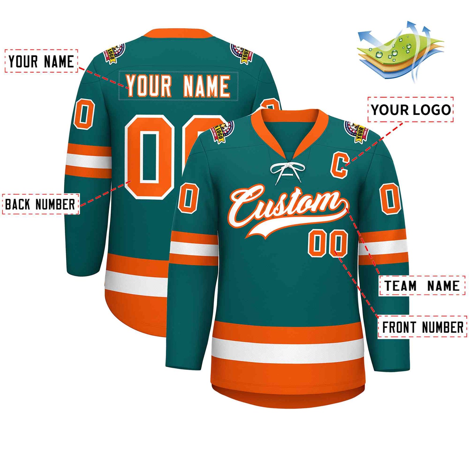 Custom Aqua White-Orange Lace-Up Neck Hockey Jersey