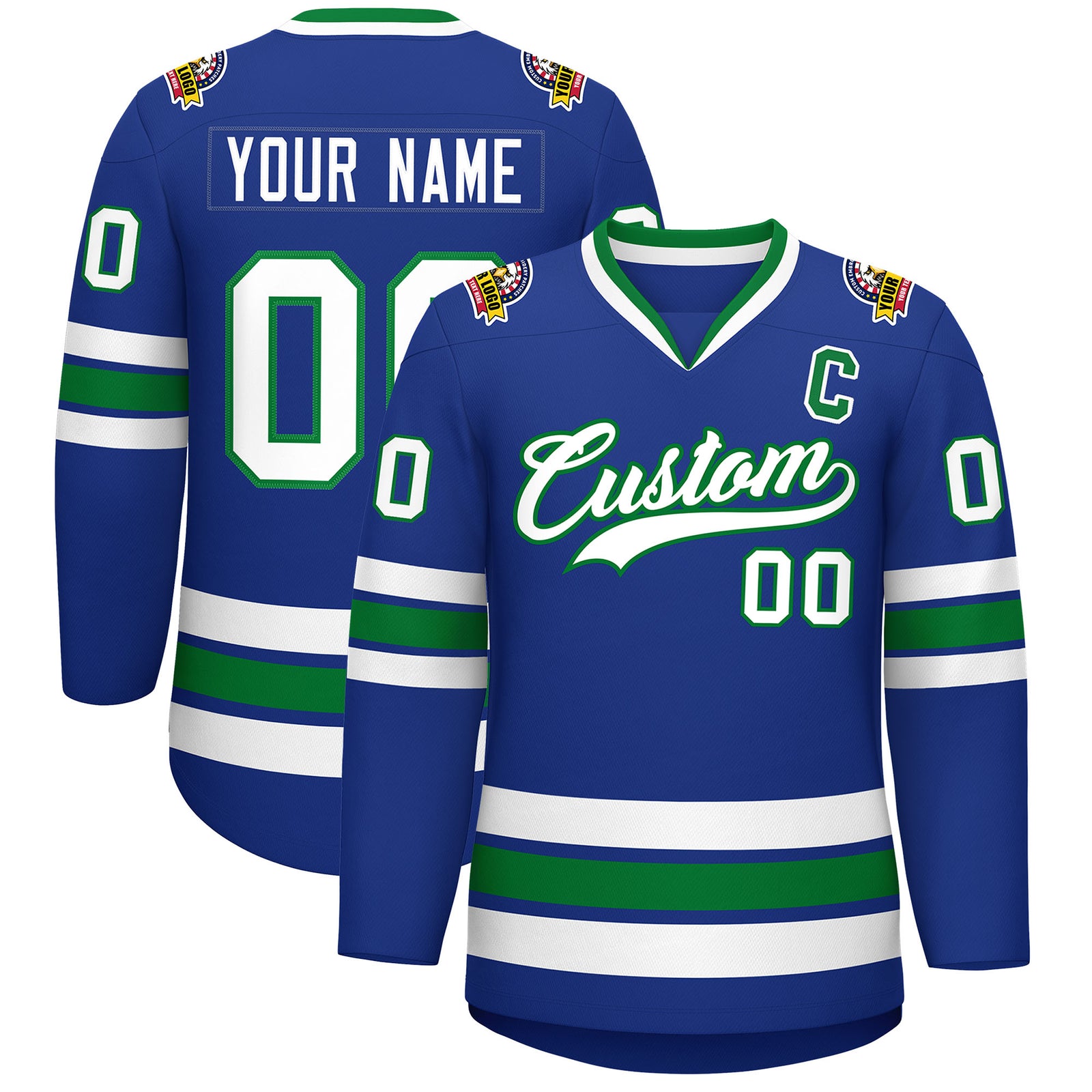 Custom Royal White-Kelly Green Classic Style Hockey Jersey