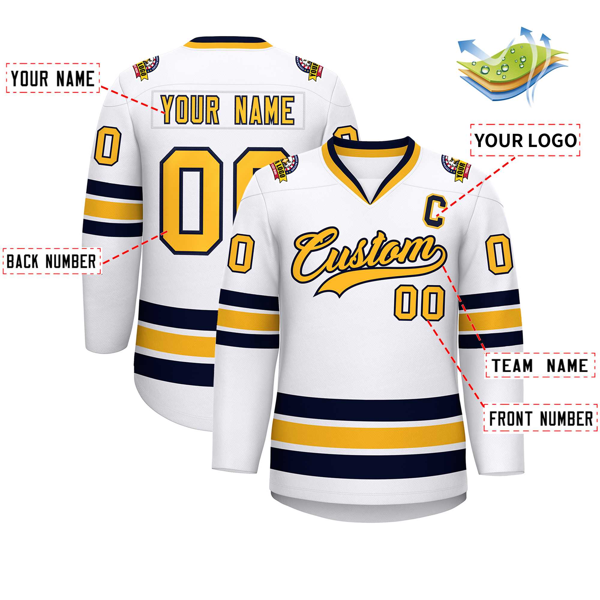 Custom White Gold-Navy Classic Style Hockey Jersey