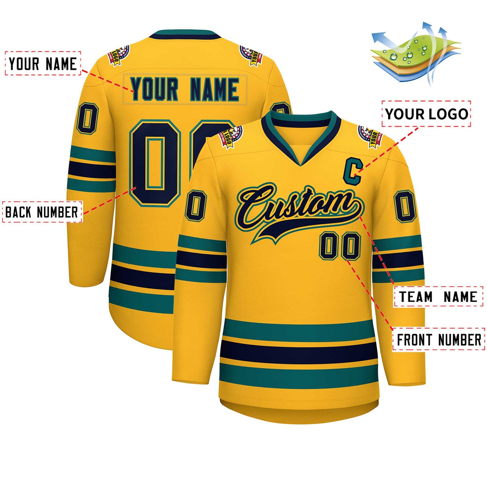 Custom Gold Navy Gold-Aqua Classic Style Hockey Jersey