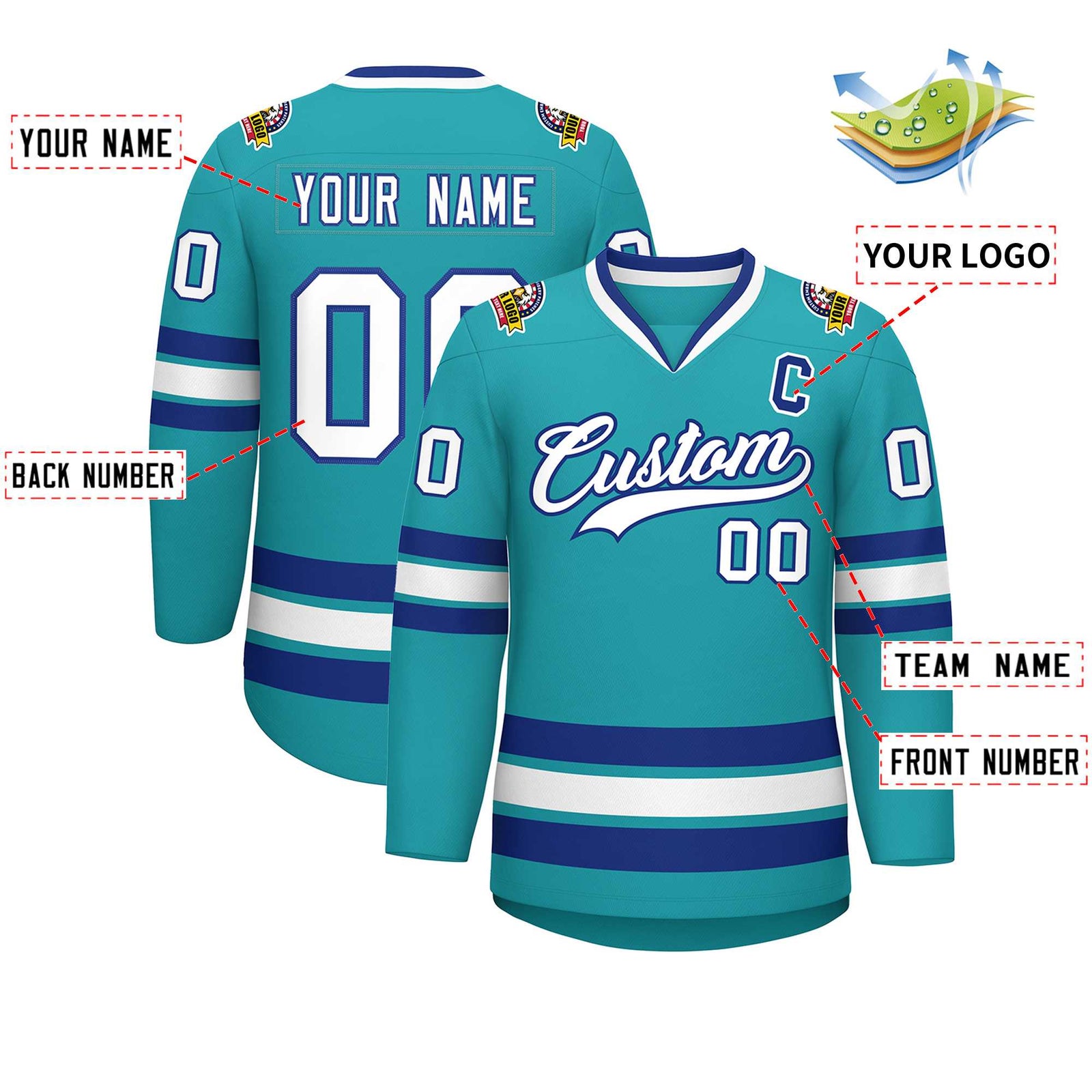 Custom Aqua White-Royal Classic Style Hockey Jersey