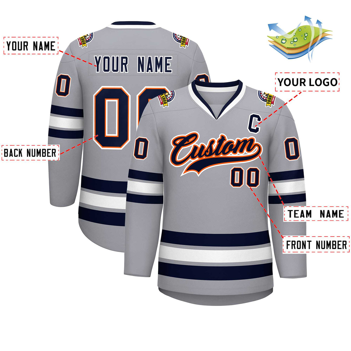 Custom Gray Navy Orange-White Classic Style Hockey Jersey