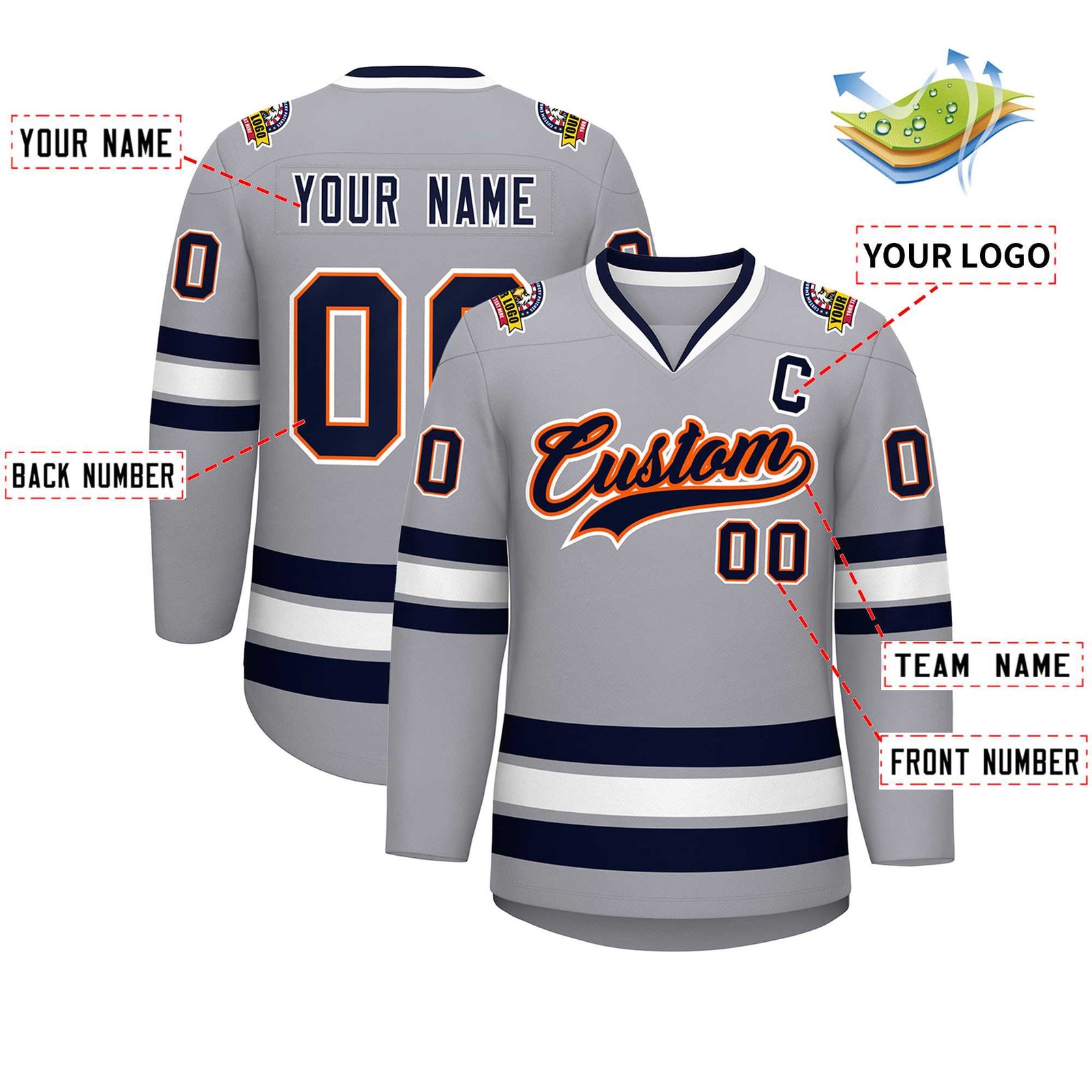 Custom Gray Navy Orange-White Classic Style Hockey Jersey