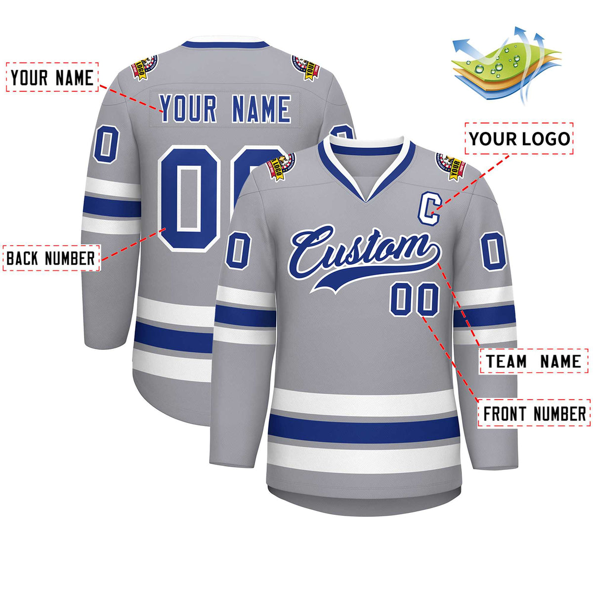 Custom Gray Royal-White Classic Style Hockey Jersey