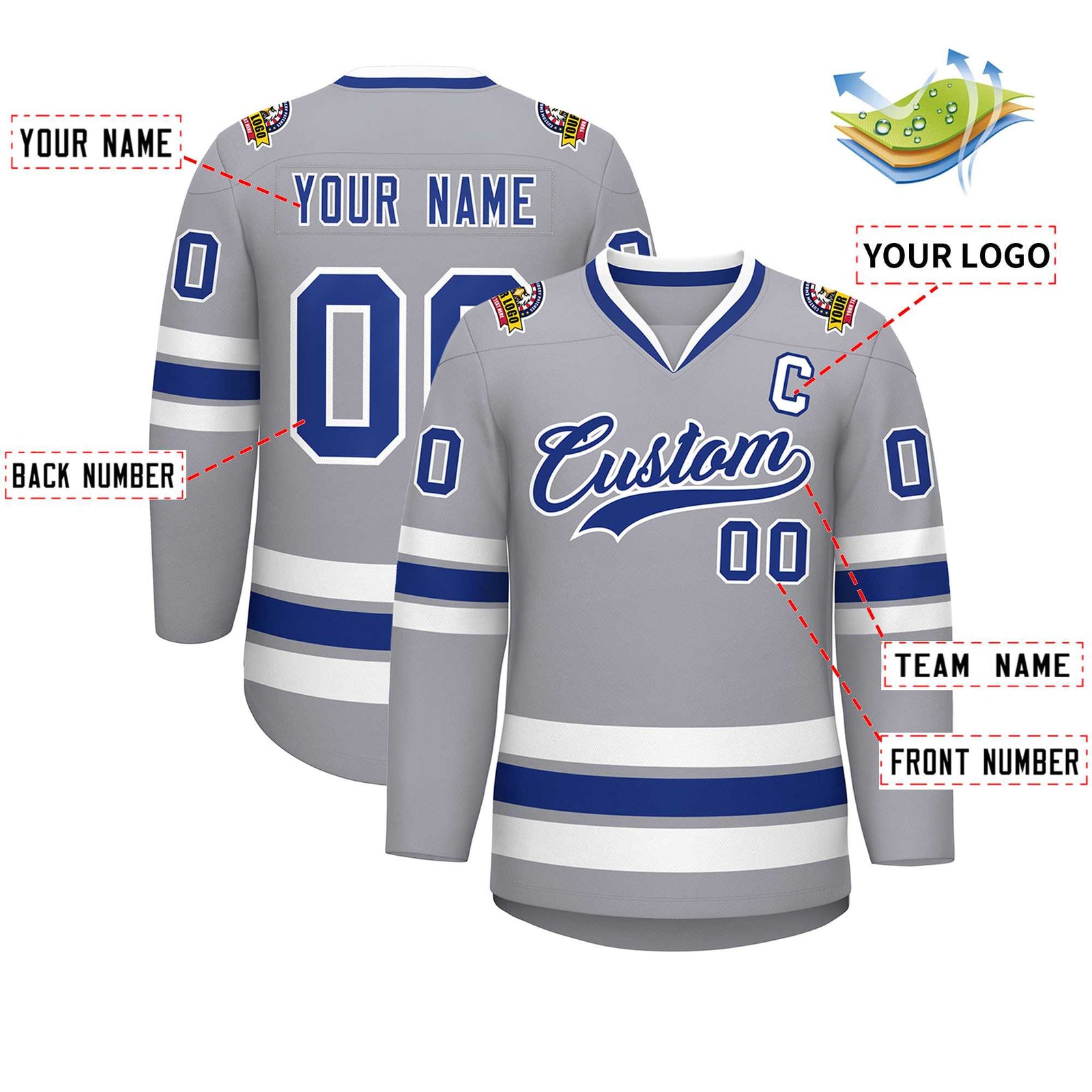 Custom Gray Royal-White Classic Style Hockey Jersey