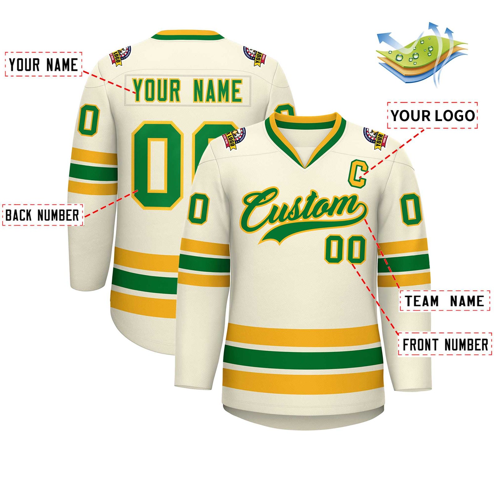 Custom Khaki Kelly Green-Gold Classic Style Hockey Jersey