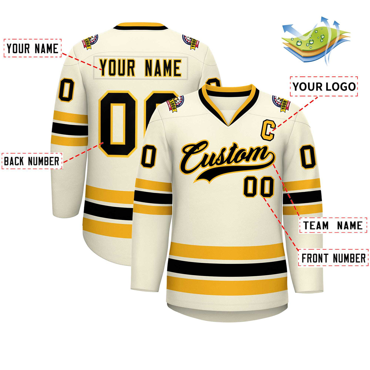 Custom Khaki Black-Gold Classic Style Hockey Jersey