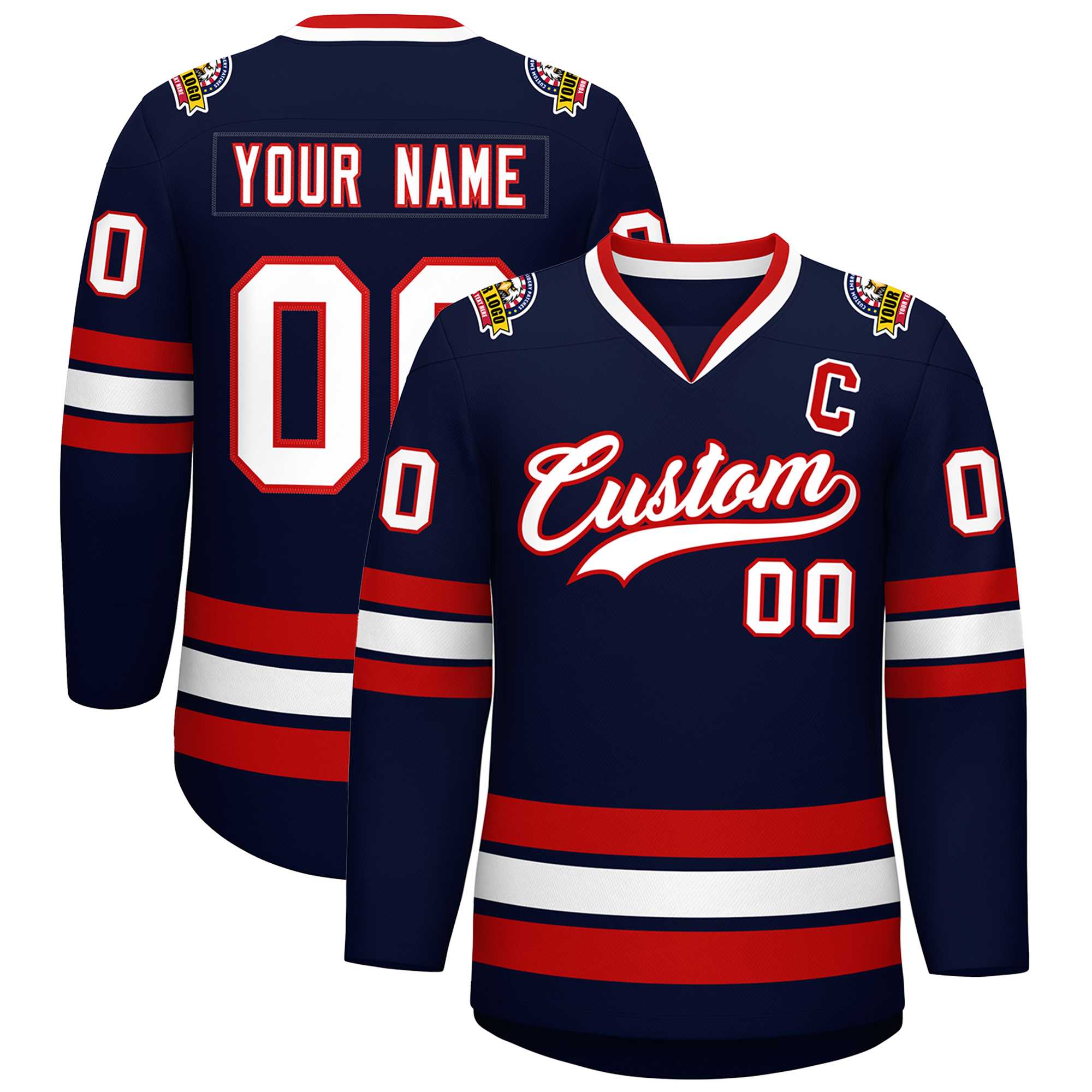 Custom Navy White-Red Classic Style Hockey Jersey