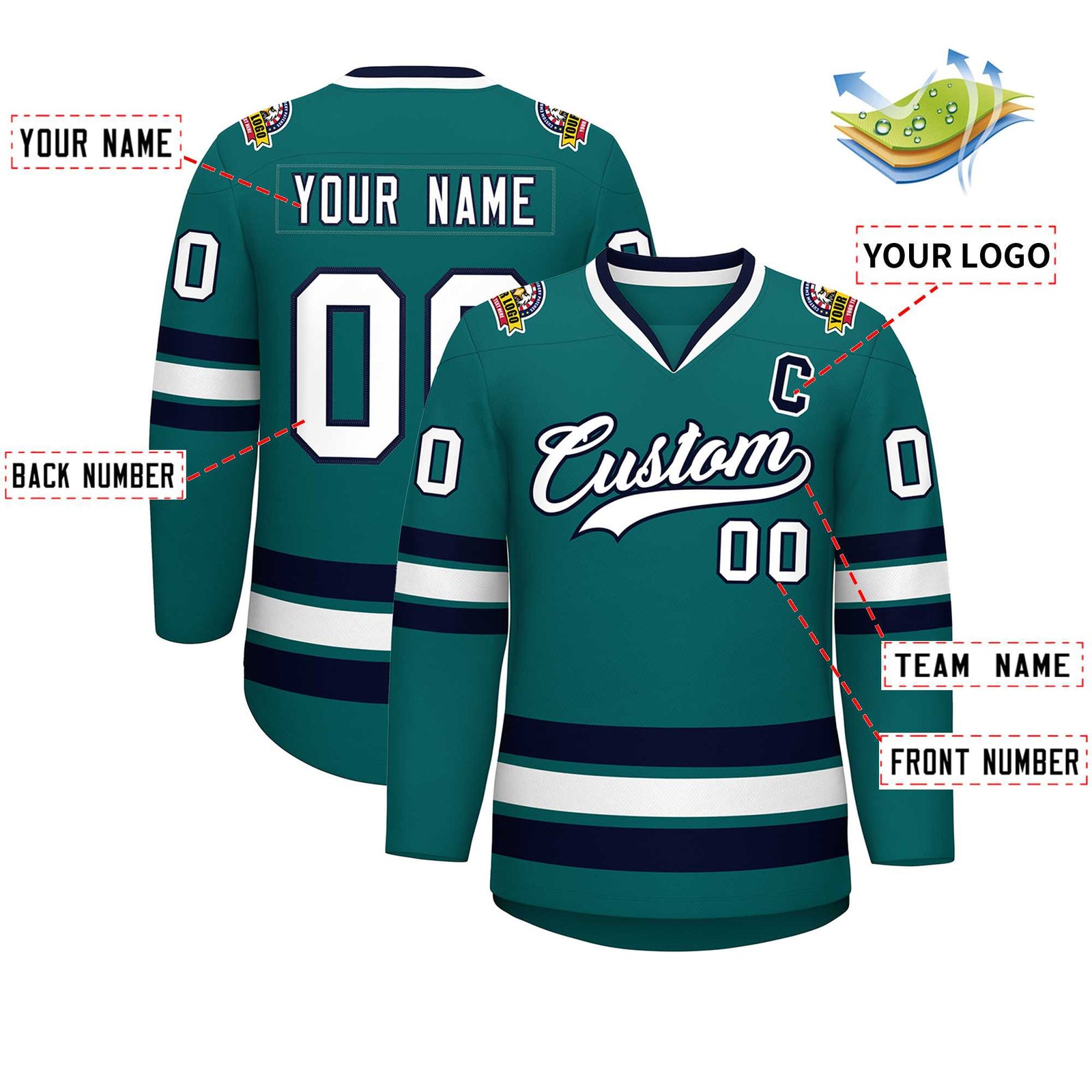 Custom Aqua White-Navy Classic Style Hockey Jersey