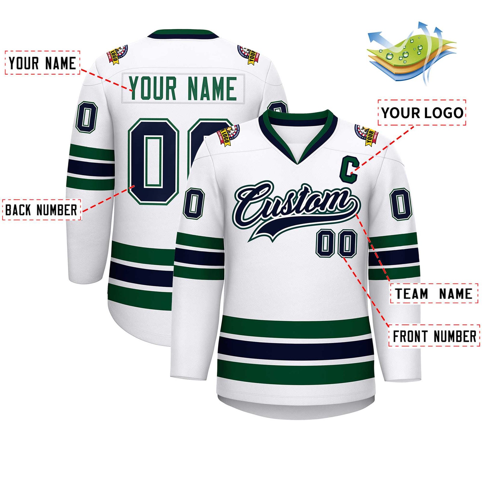 Custom White Navy White-Green Classic Style Hockey Jersey