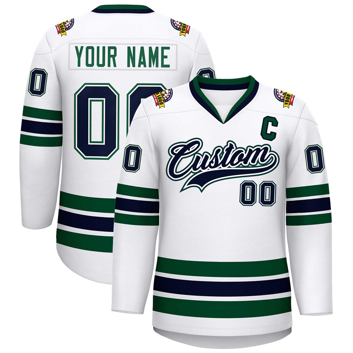 Custom White Navy White-Green Classic Style Hockey Jersey