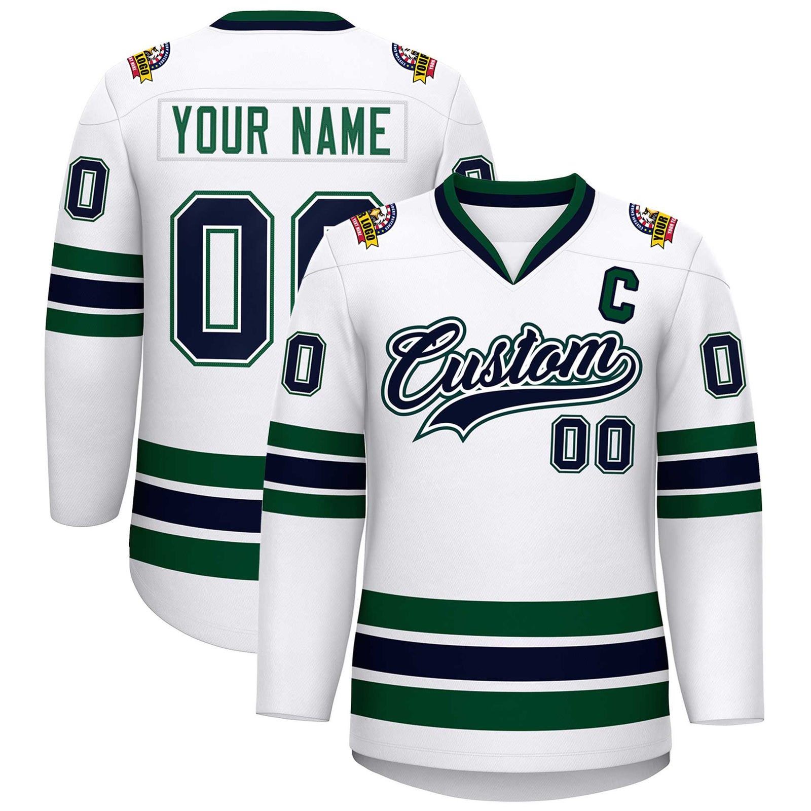 Custom White Navy White-Green Classic Style Hockey Jersey