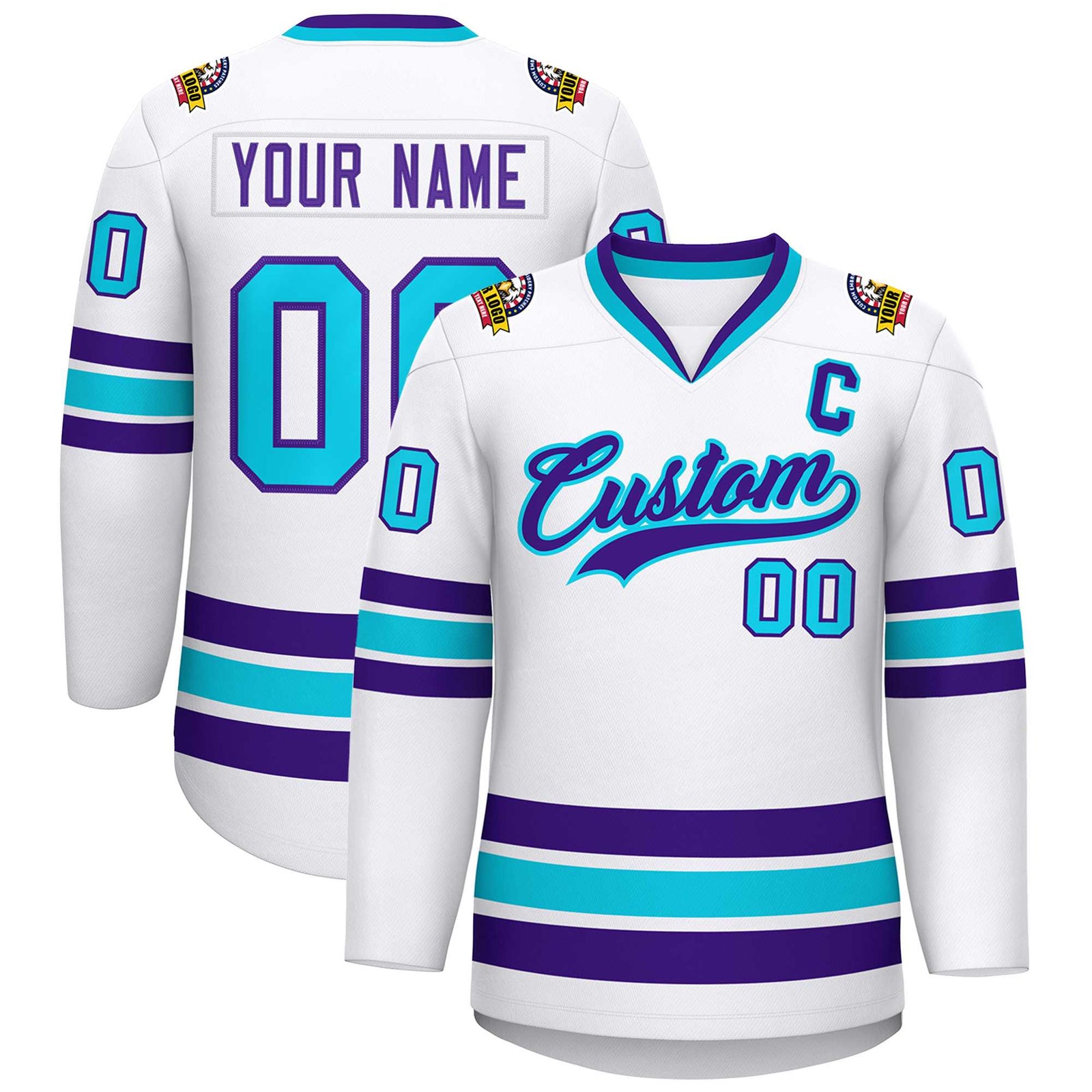 Custom White Purple-Powder Blue Classic Style Hockey Jersey