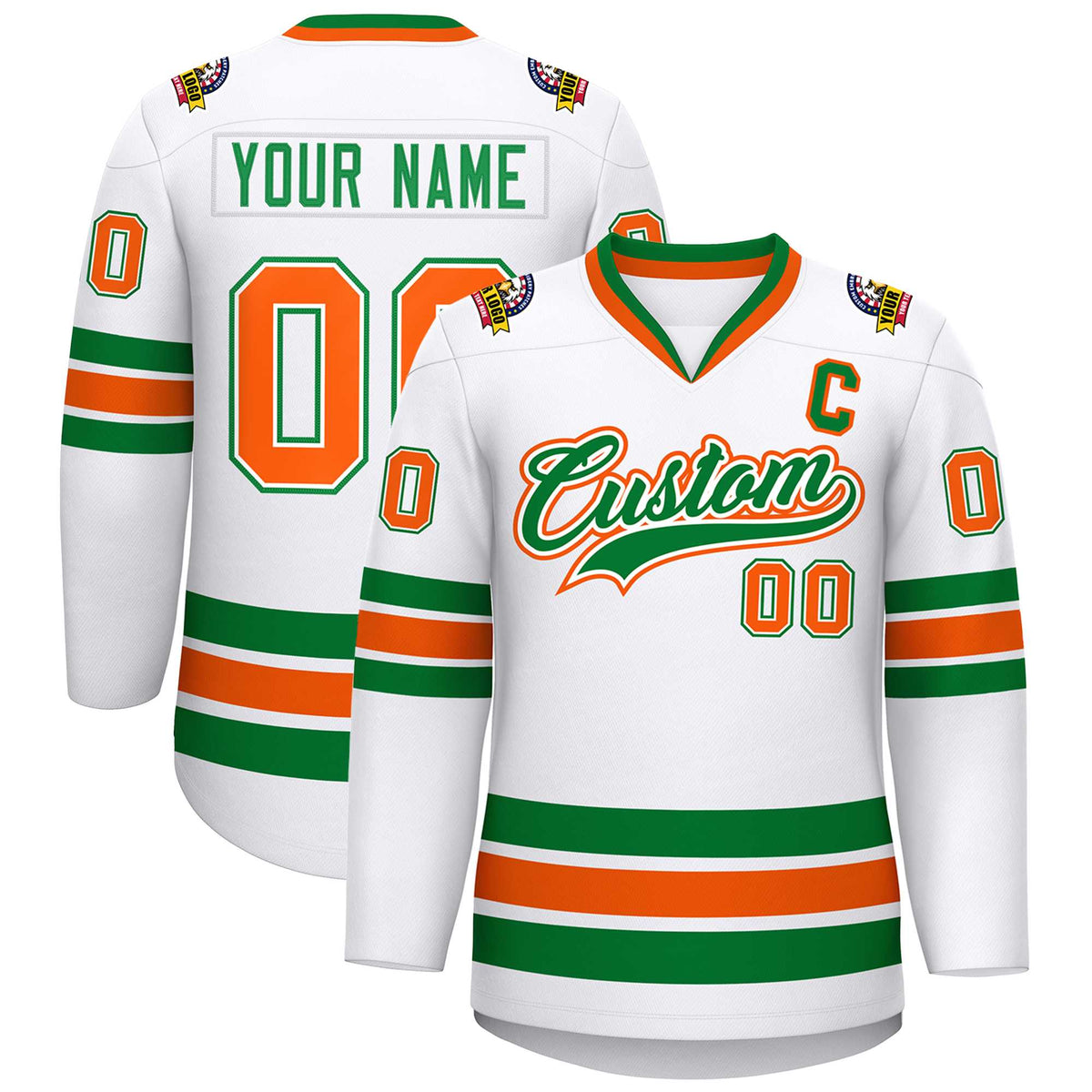 Custom White Kelly Green White-Orange Classic Style Hockey Jersey