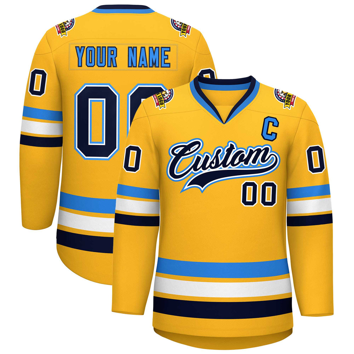 Custom Gold Navy White-Powder Blue Classic Style Hockey Jersey
