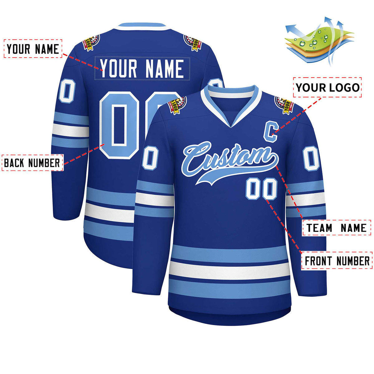 Custom Royal Light Blue-White Classic Style Hockey Jersey