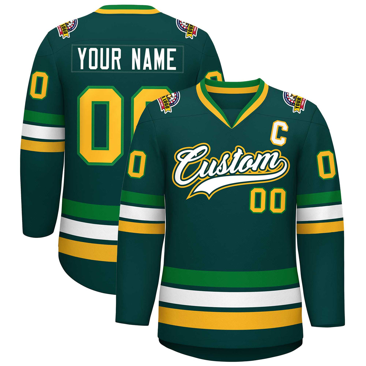 Custom Midnight Green White Kelly Green-Gold Classic Style Hockey Jersey