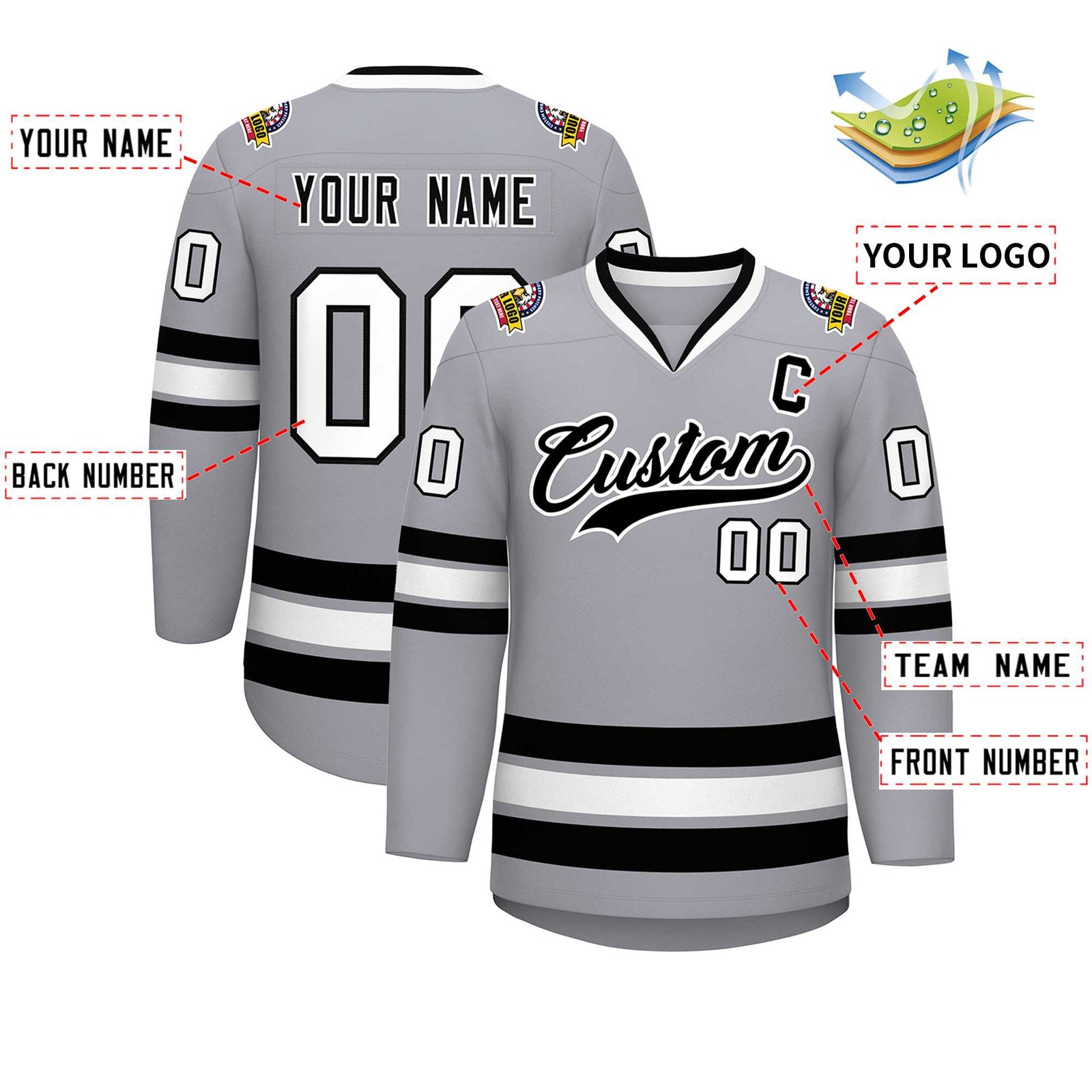Custom Gray Black-White Classic Style Hockey Jersey