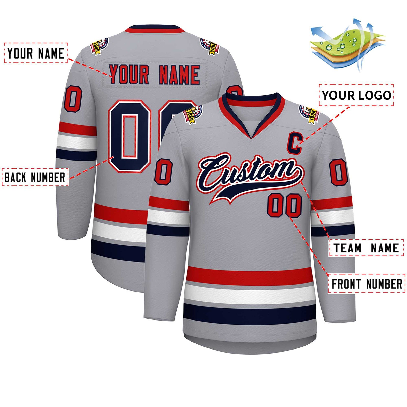 Custom Gray Navy White-Red Classic Style Hockey Jersey