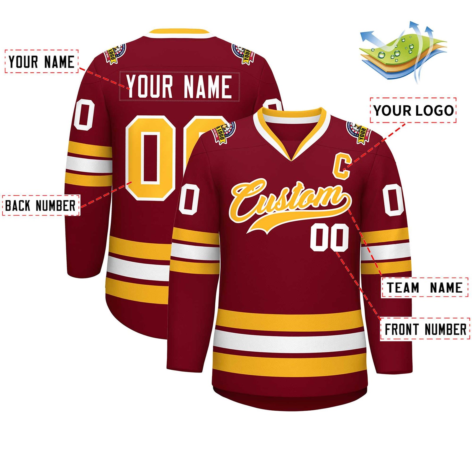 Custom Crimson Gold-White Classic Style Hockey Jersey