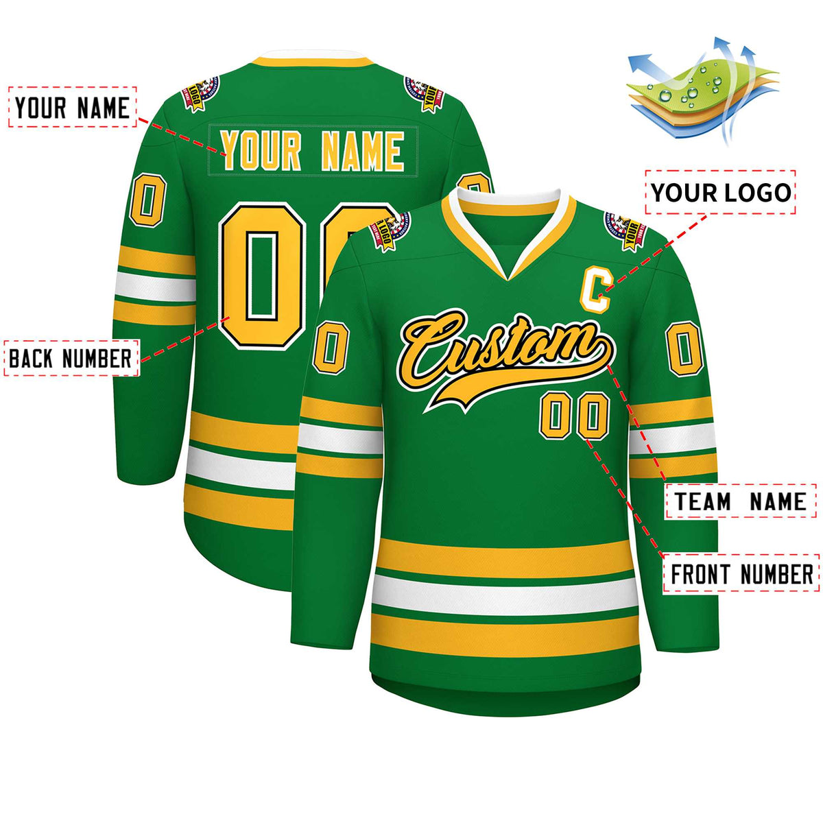 Custom Kelly Green Gold Black-White Classic Style Hockey Jersey