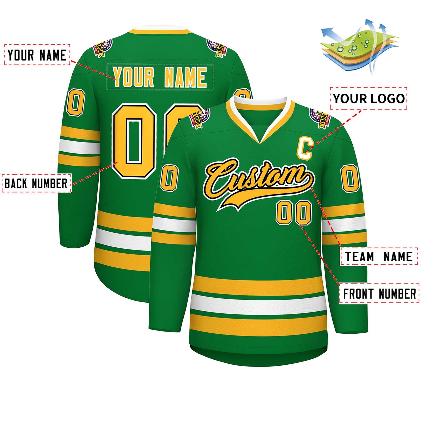 Custom Kelly Green Gold Black-White Classic Style Hockey Jersey