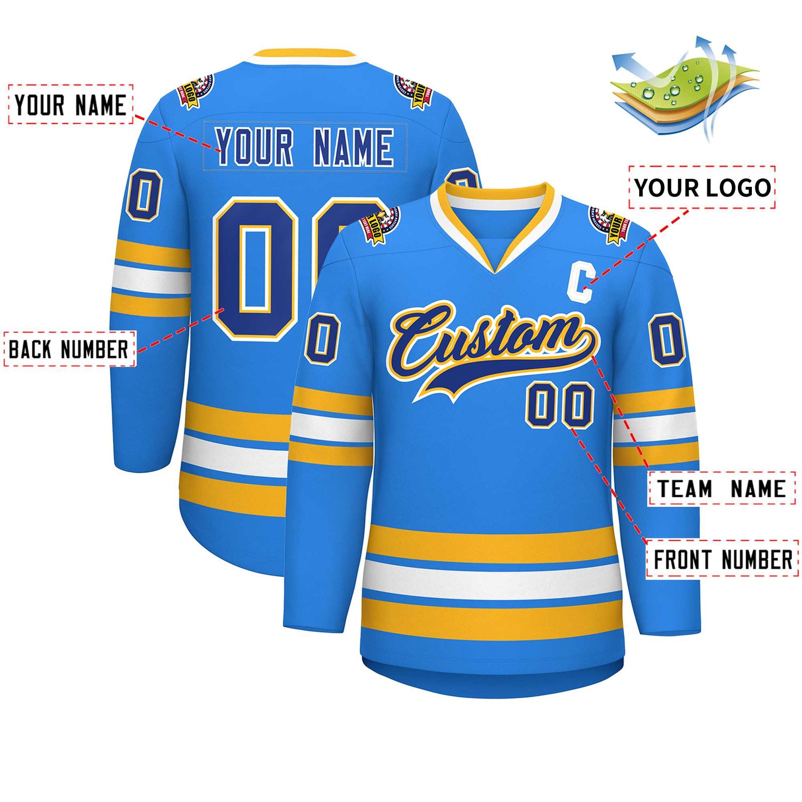 Custom Powder Blue Royal Gold-White Classic Style Hockey Jersey