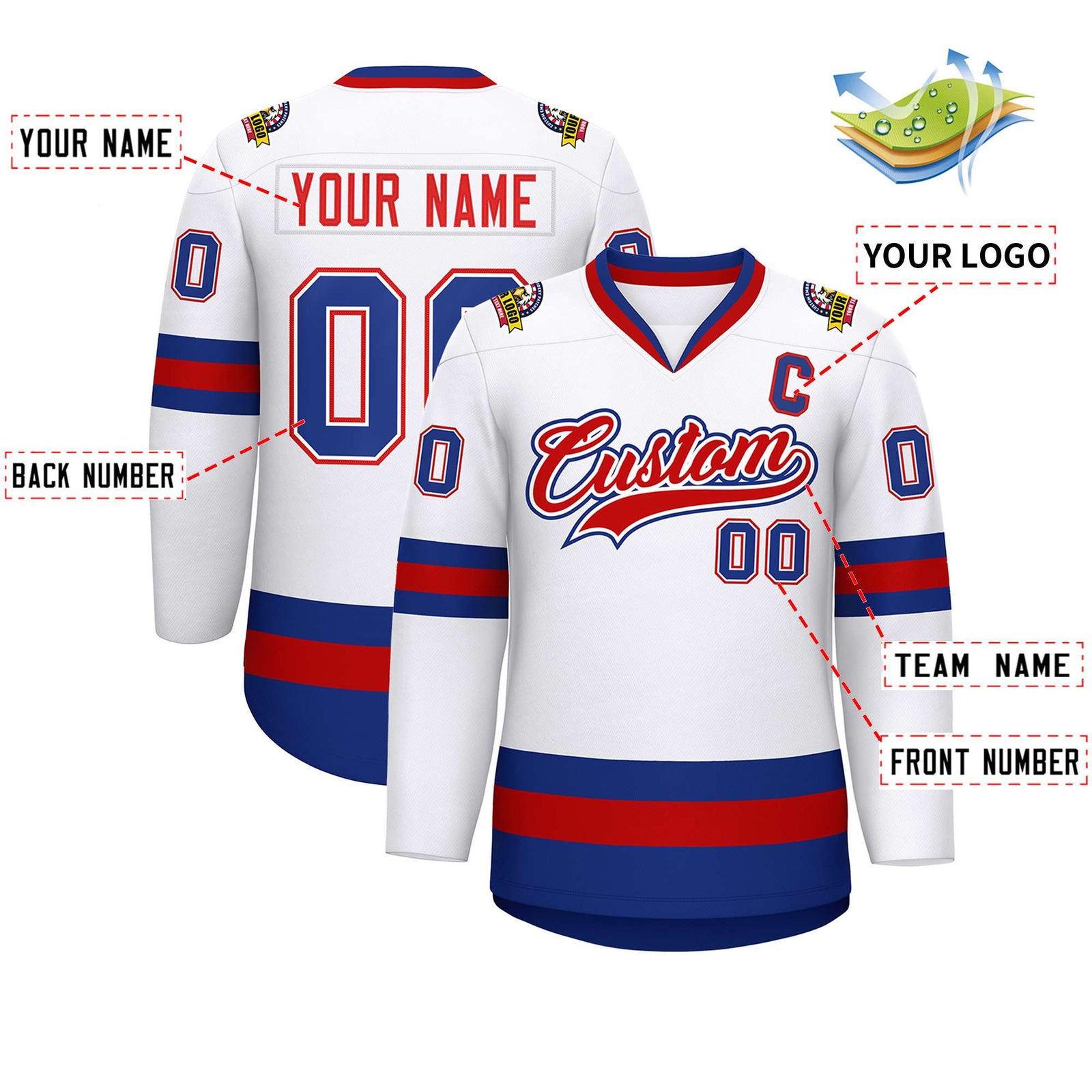Custom White Red White-Royal Classic Style Hockey Jersey