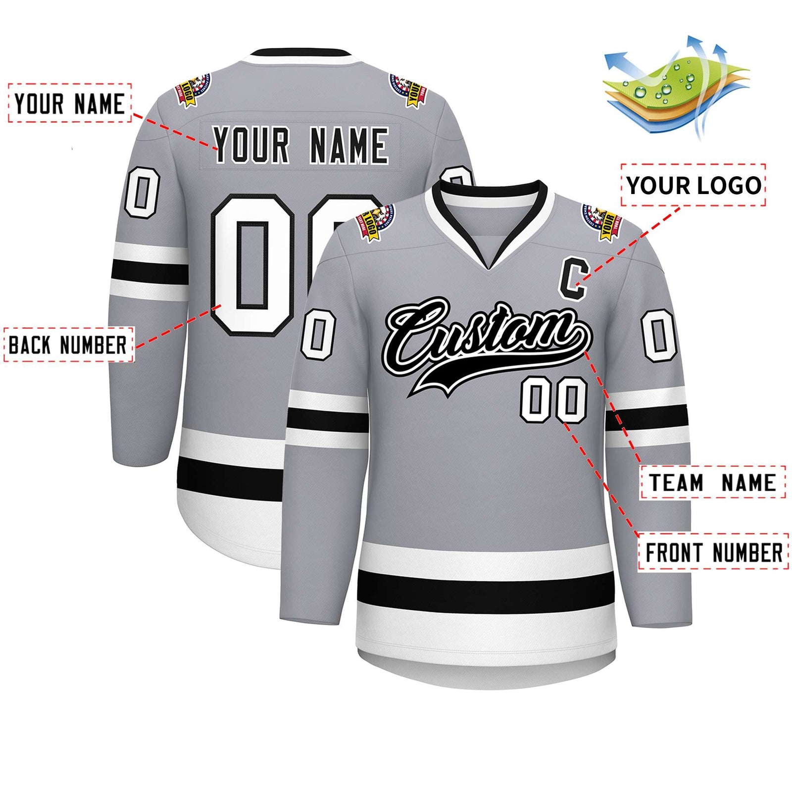 Custom Gray Black White-Black Classic Style Hockey Jersey