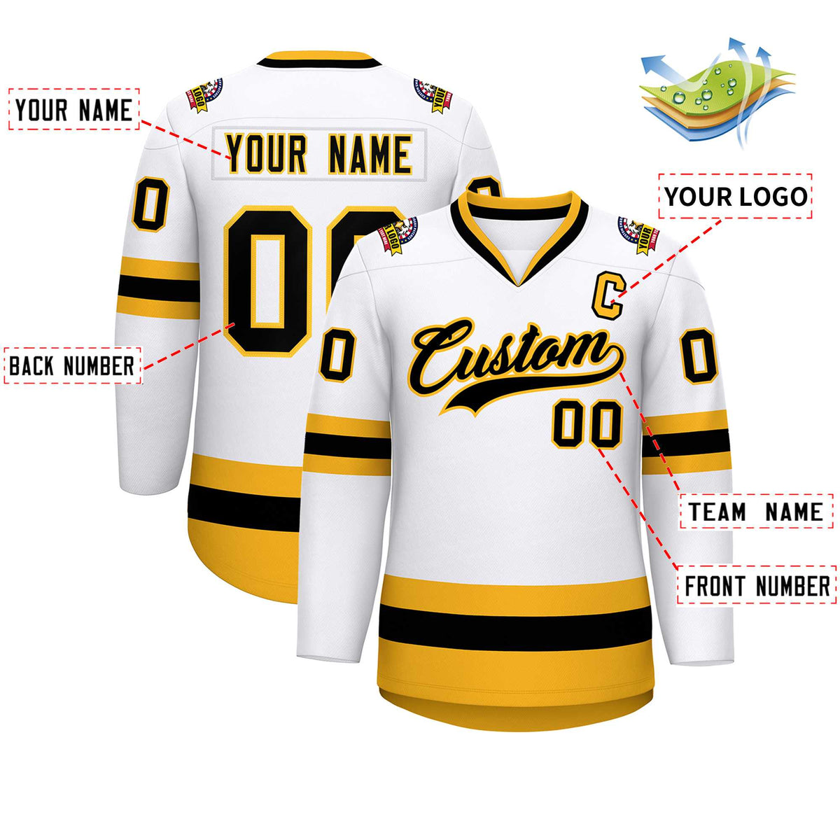 Custom White Black-Gold Classic Style Hockey Jersey