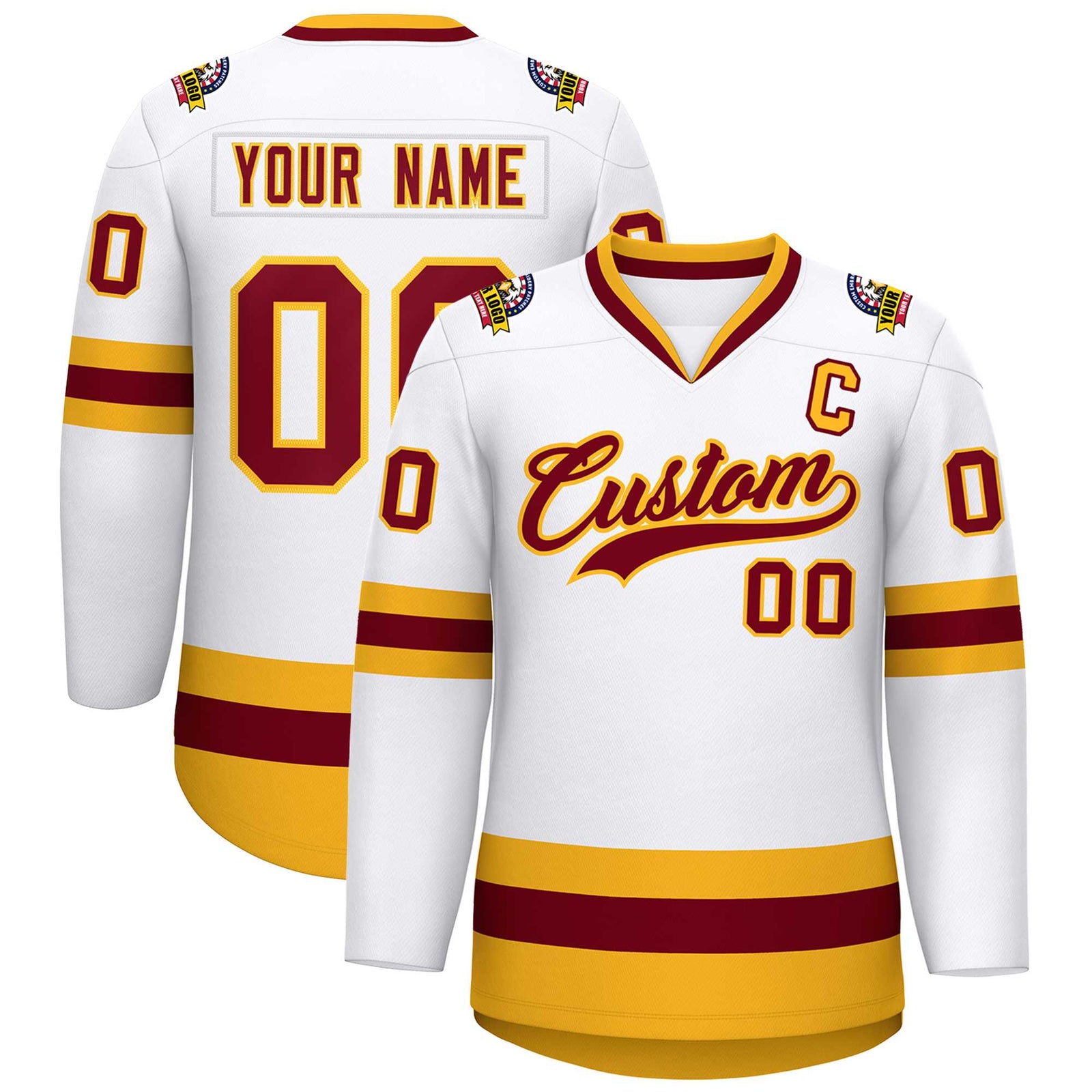 Custom White Crimson-Gold Classic Style Hockey Jersey