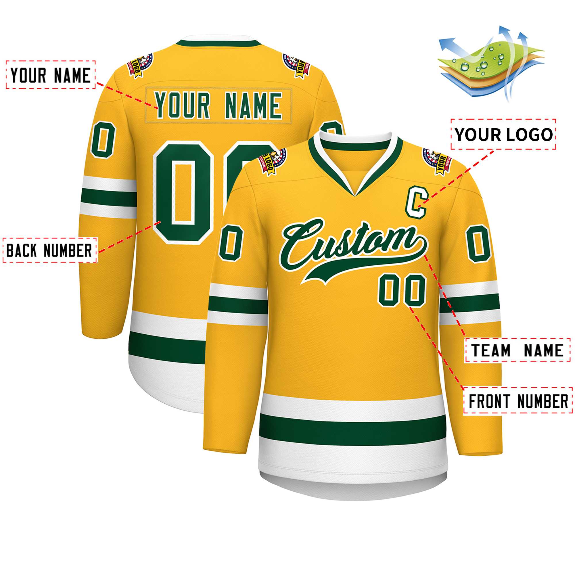 Custom Gold Green-White Classic Style Hockey Jersey