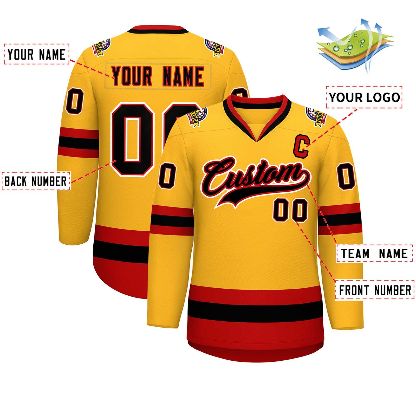 Custom Gold Black Red-White Classic Style Hockey Jersey