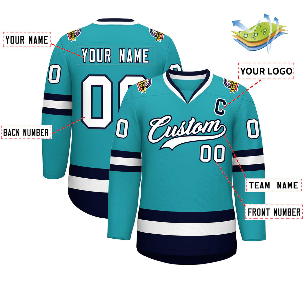 Custom Aqua White-Navy Classic Style Hockey Jersey
