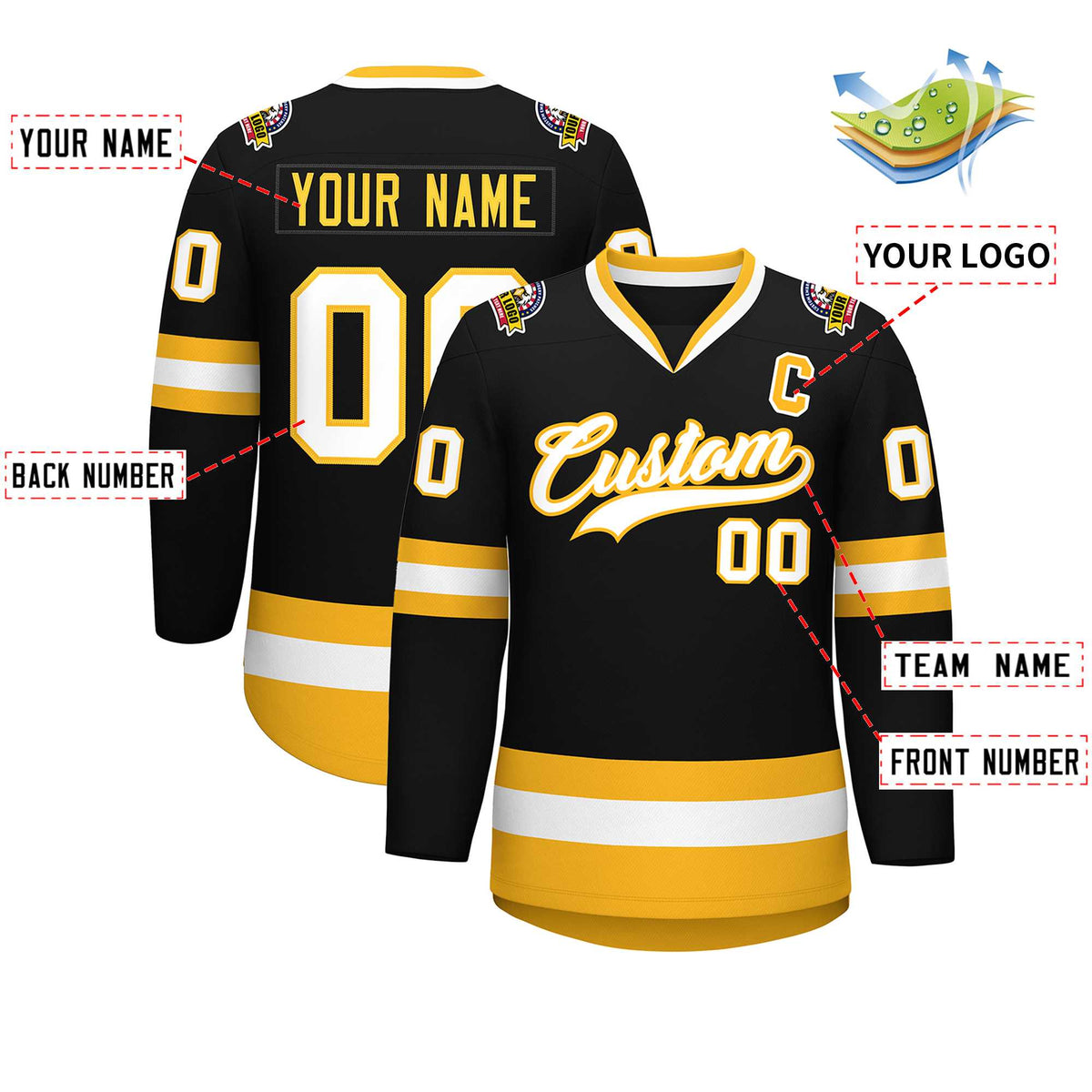 Custom Black White-Gold Classic Style Hockey Jersey