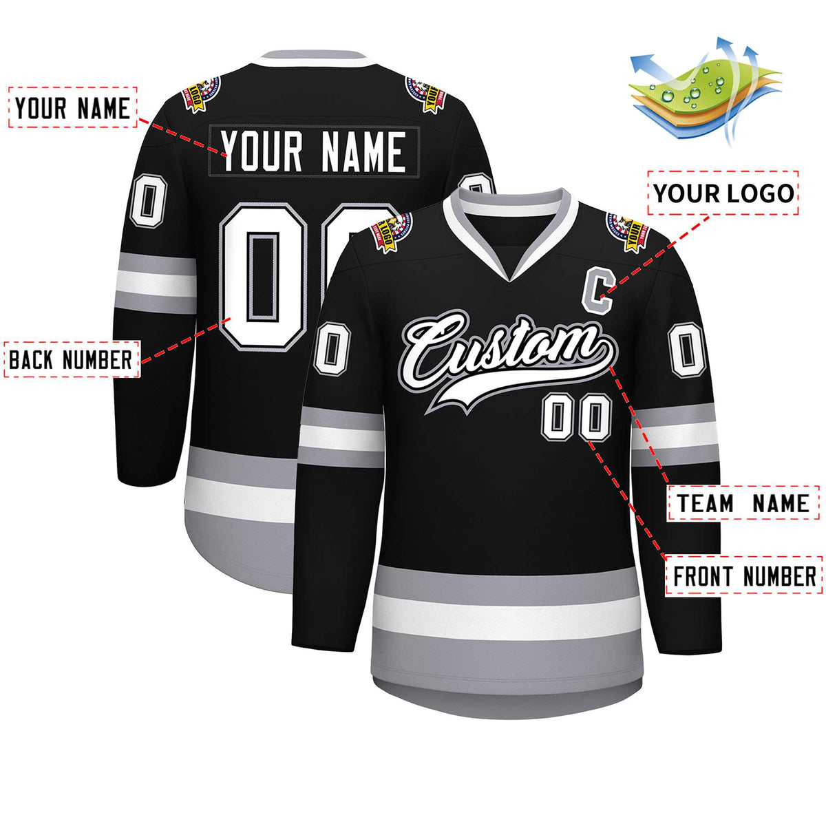 Custom Black White Black-Gray Classic Style Hockey Jersey