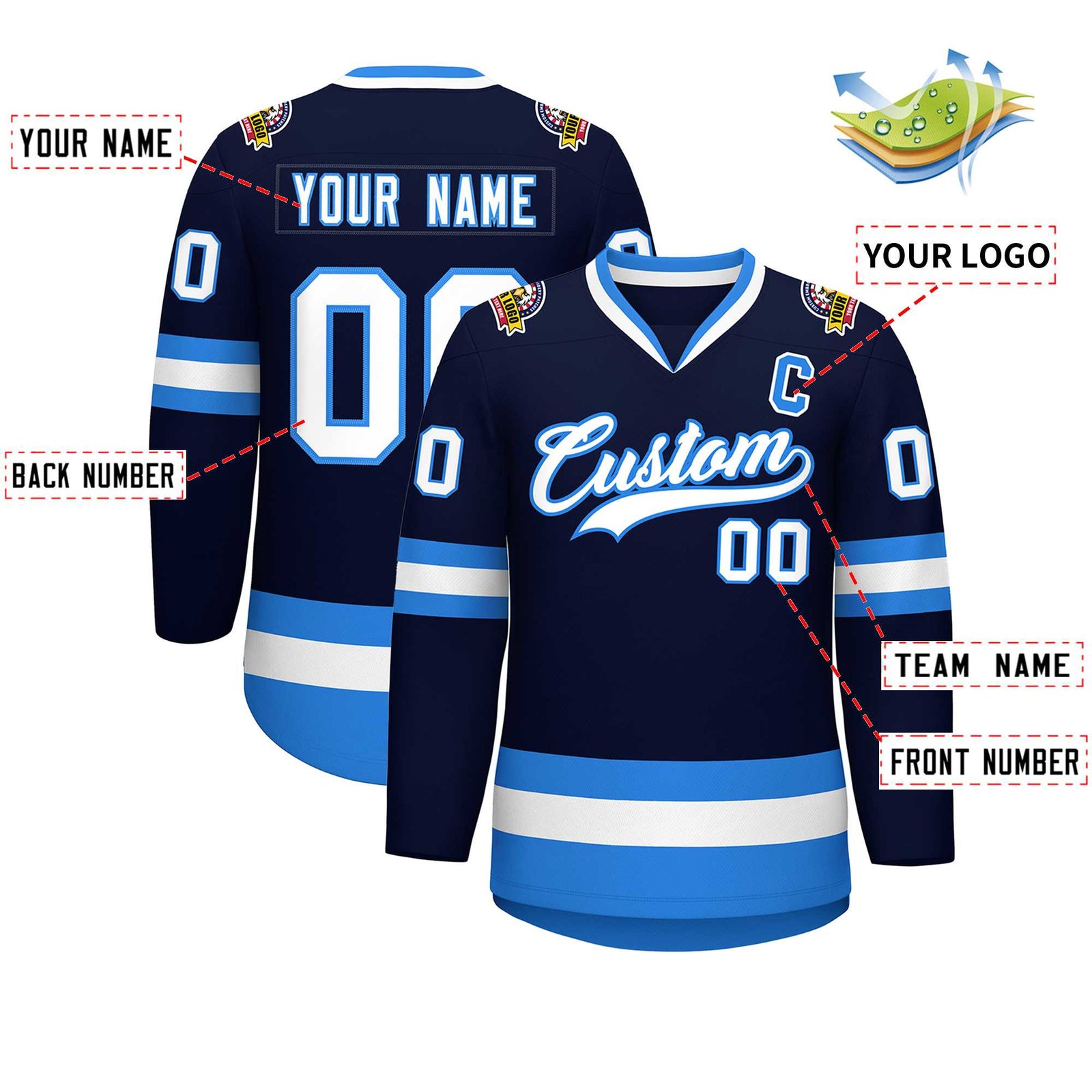 Custom Navy White-Powder Blue Classic Style Hockey Jersey