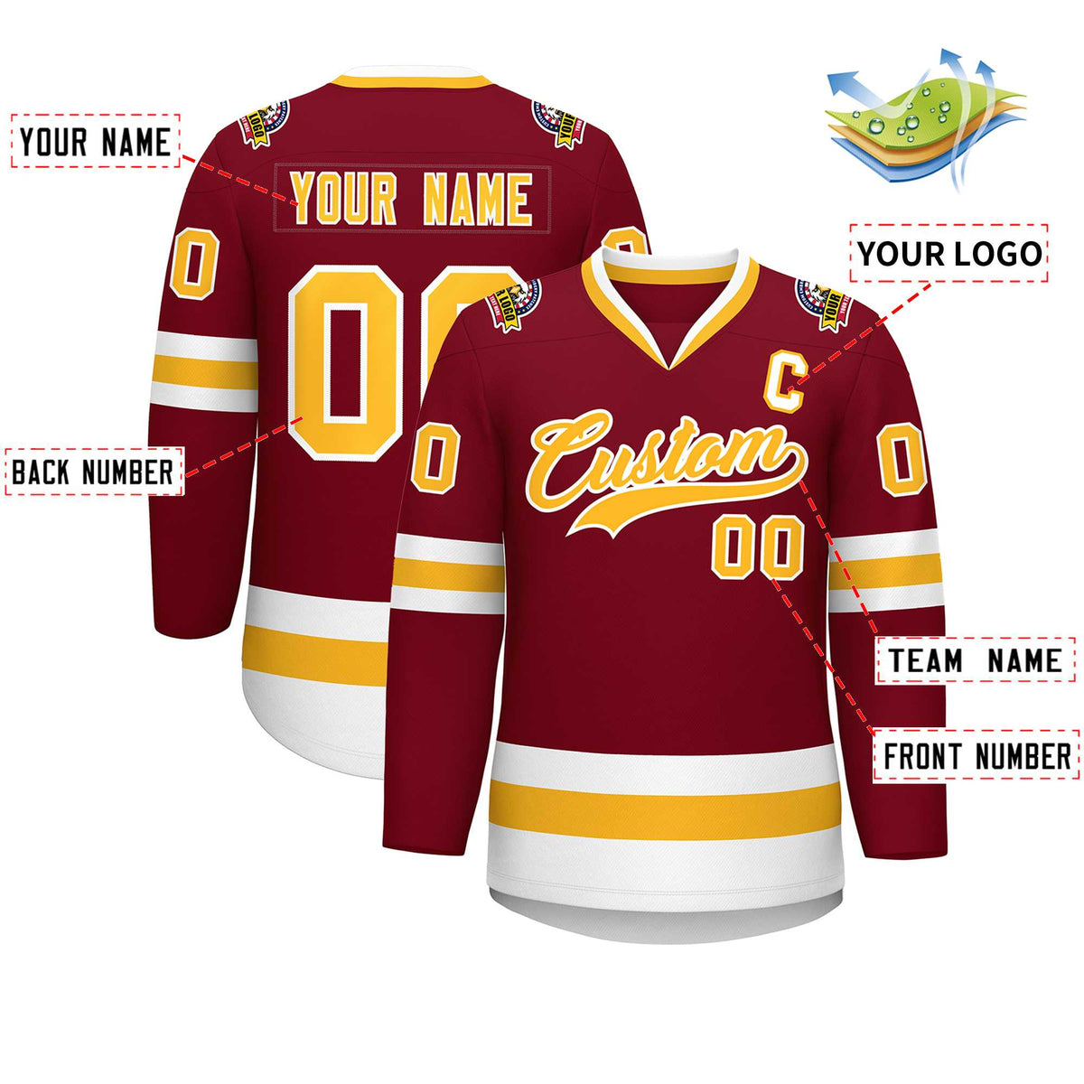 Custom Crimson Gold-White Classic Style Hockey Jersey