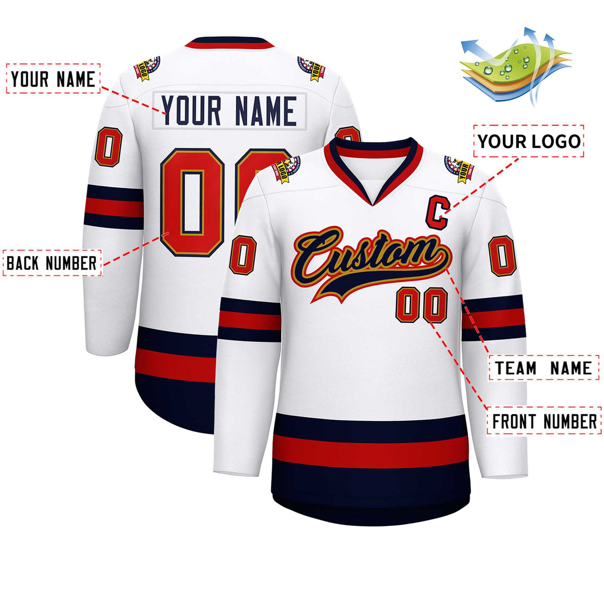 Custom White Navy Old Gold-Red Classic Style Hockey Jersey