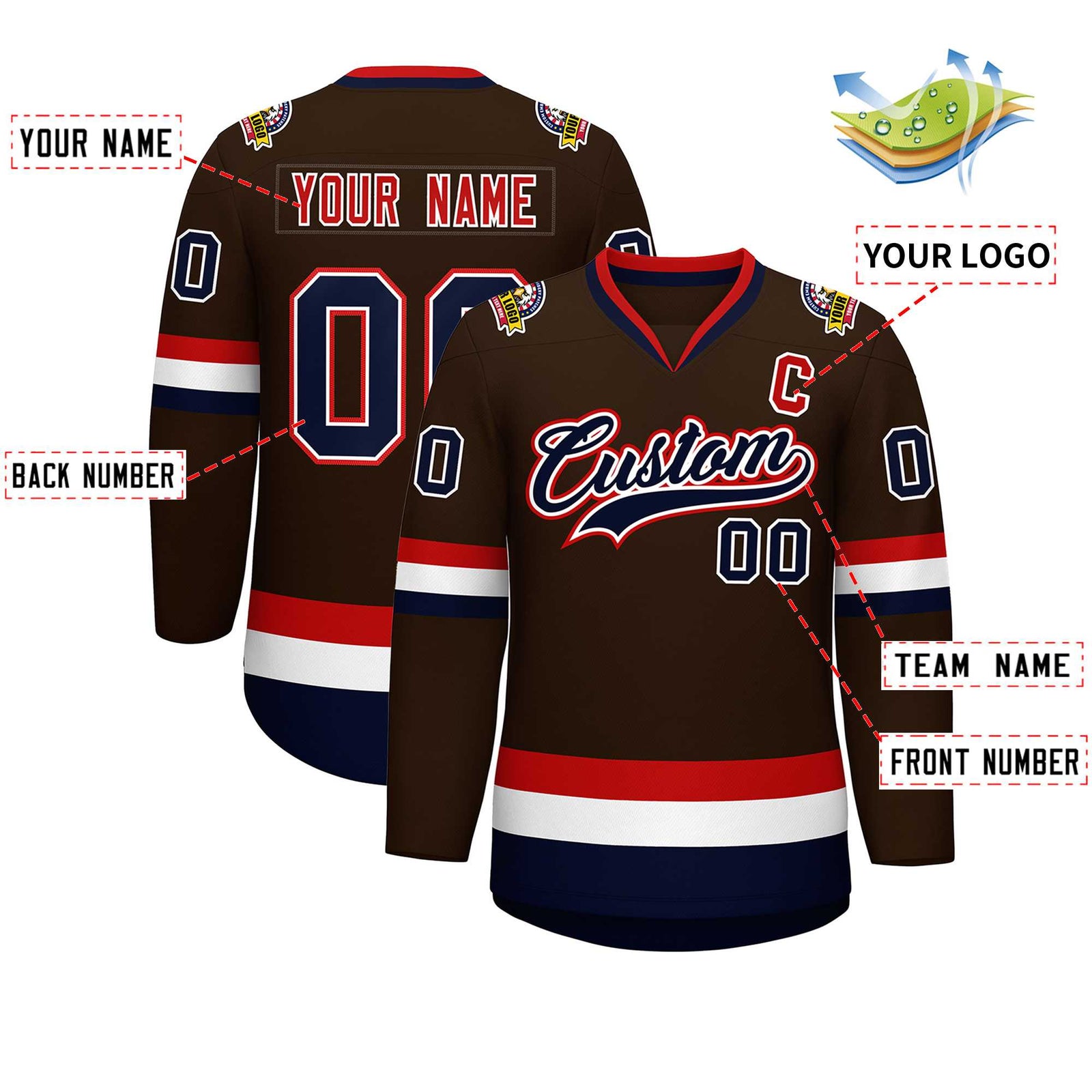 Custom Brown Navy White-Red Classic Style Hockey Jersey