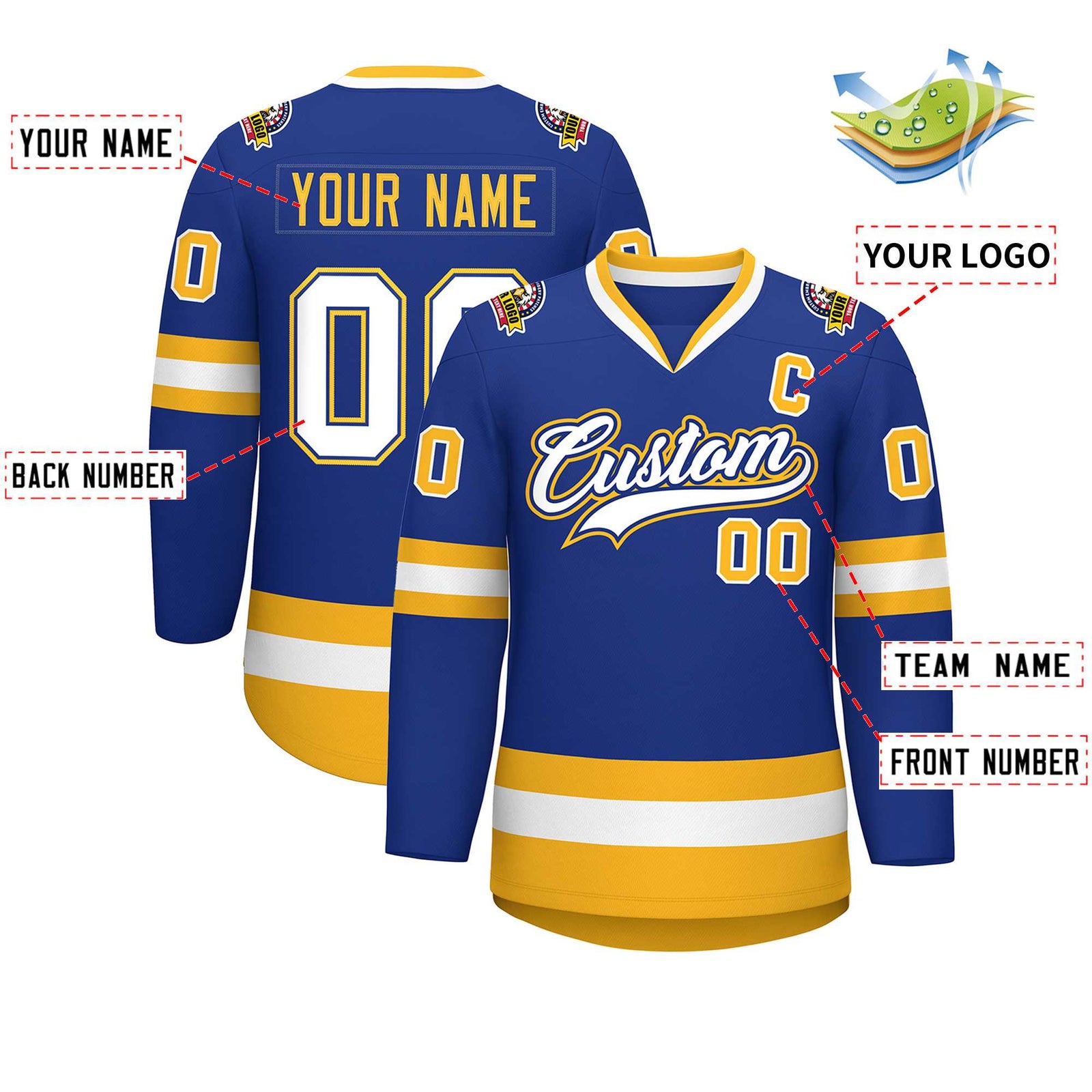Custom Royal White Royal-Gold Classic Style Hockey Jersey