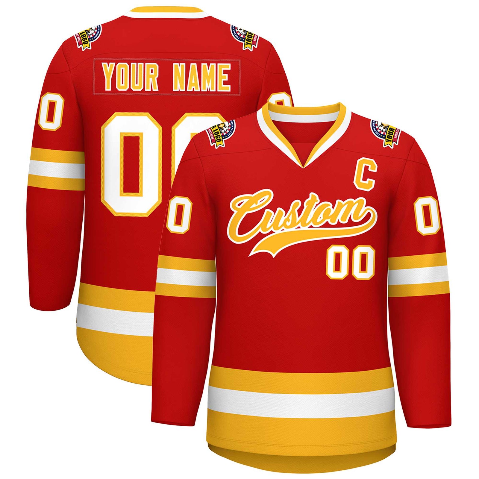 Custom Red Gold-White Classic Style Hockey Jersey