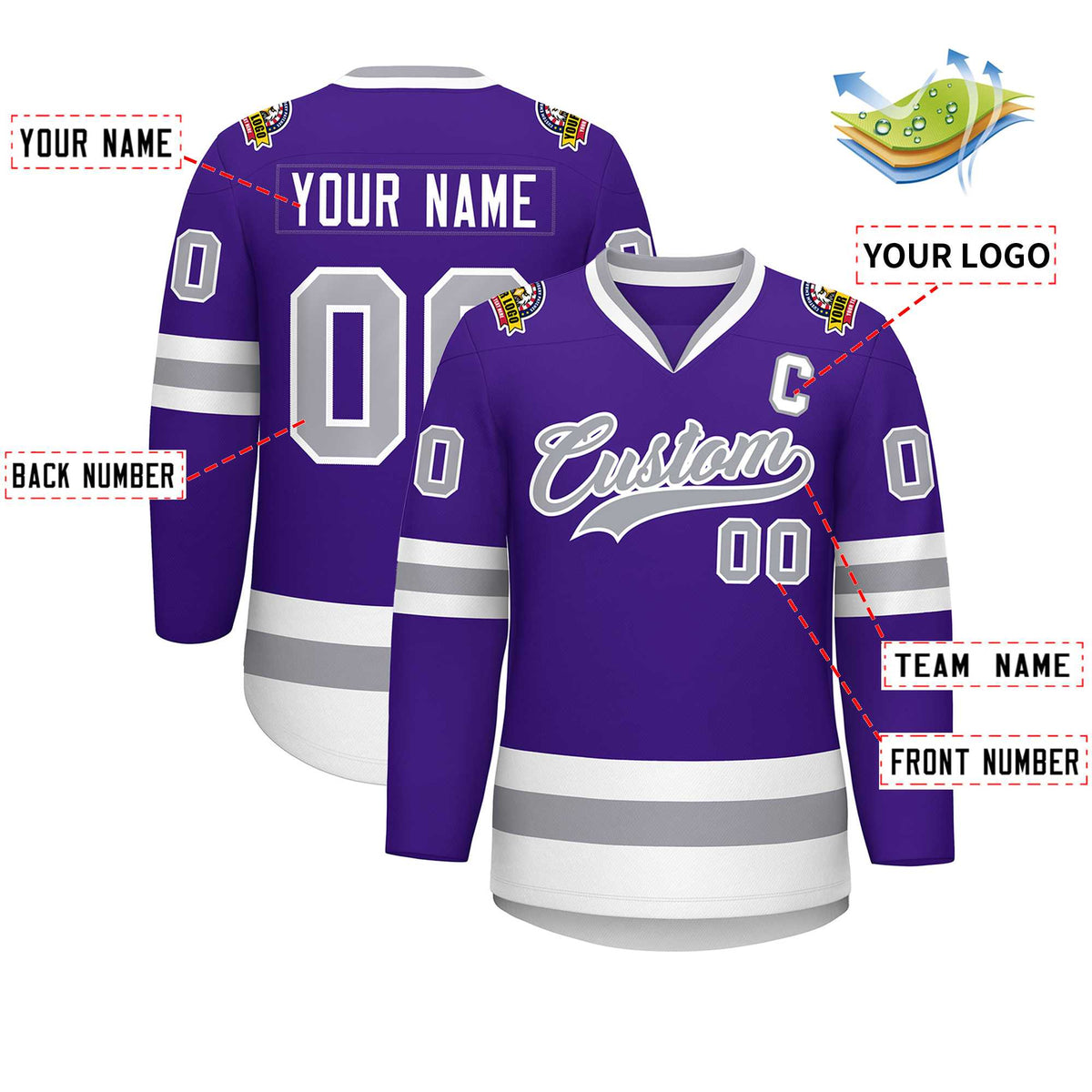 Custom Purple Gray-White Classic Style Hockey Jersey