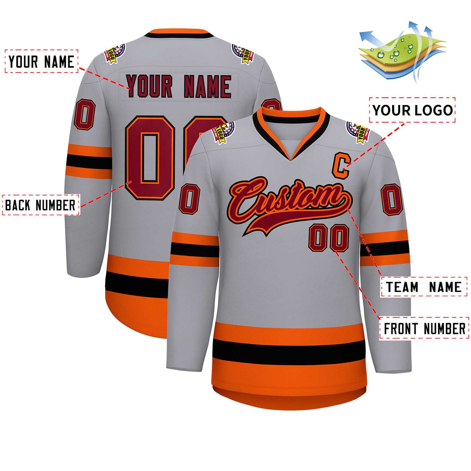 Custom Gray Crimson Orange-Black Classic Style Hockey Jersey