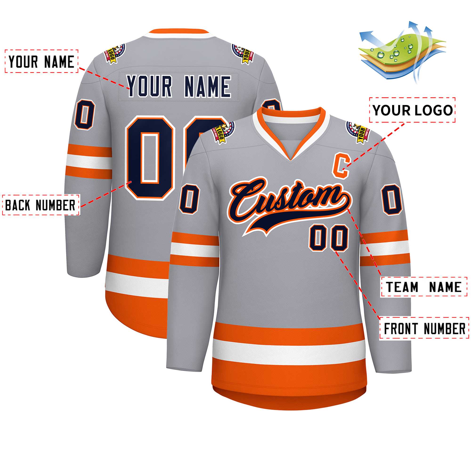 Custom Gray Navy Orange-White Classic Style Hockey Jersey