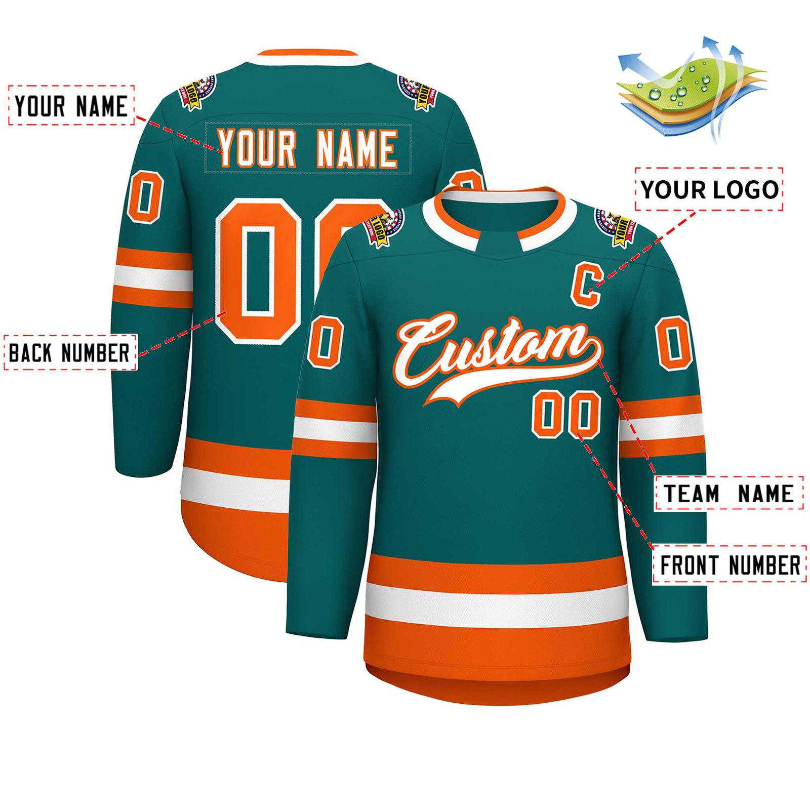 Custom Teal White-Orange Classic Style Hockey Jersey