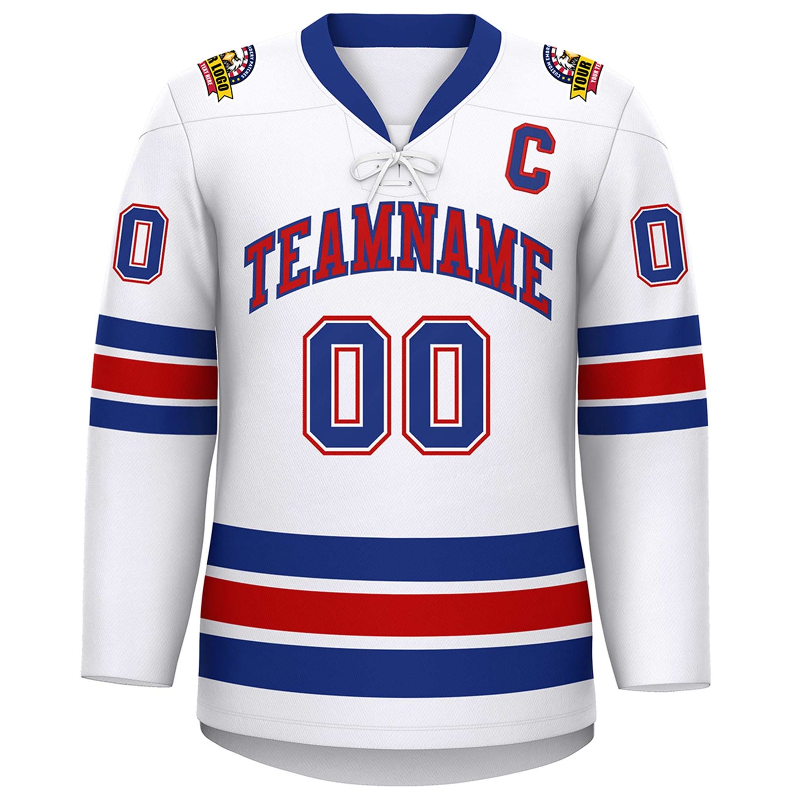 Custom White Royal-Red Lace-Up Neck Hockey Jersey