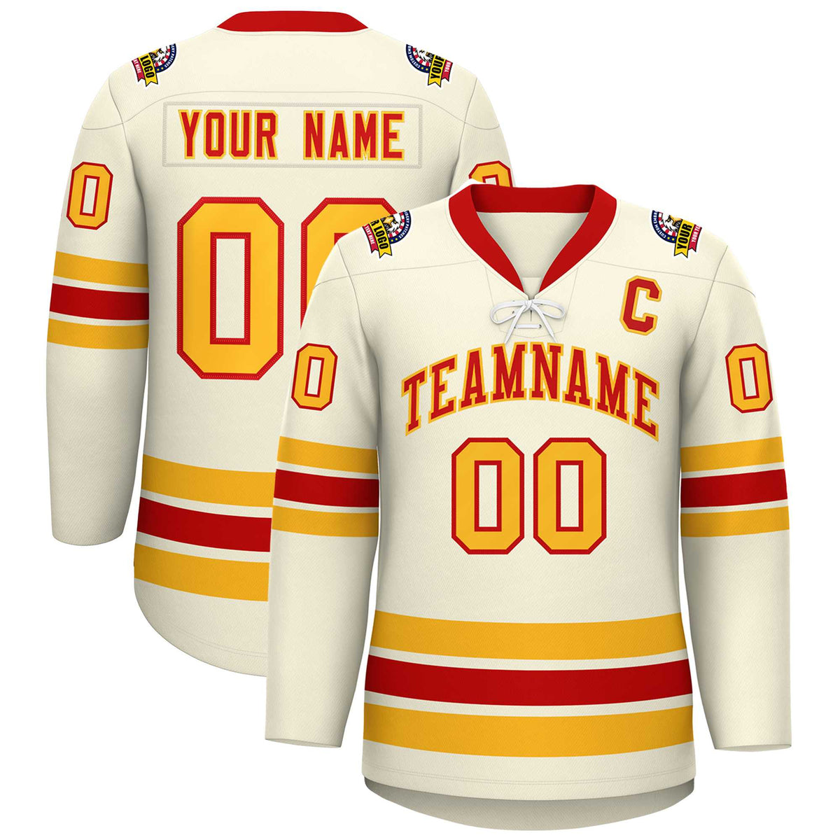 Custom Cream Red-Yellow Lace-Up Neck Hockey Jersey