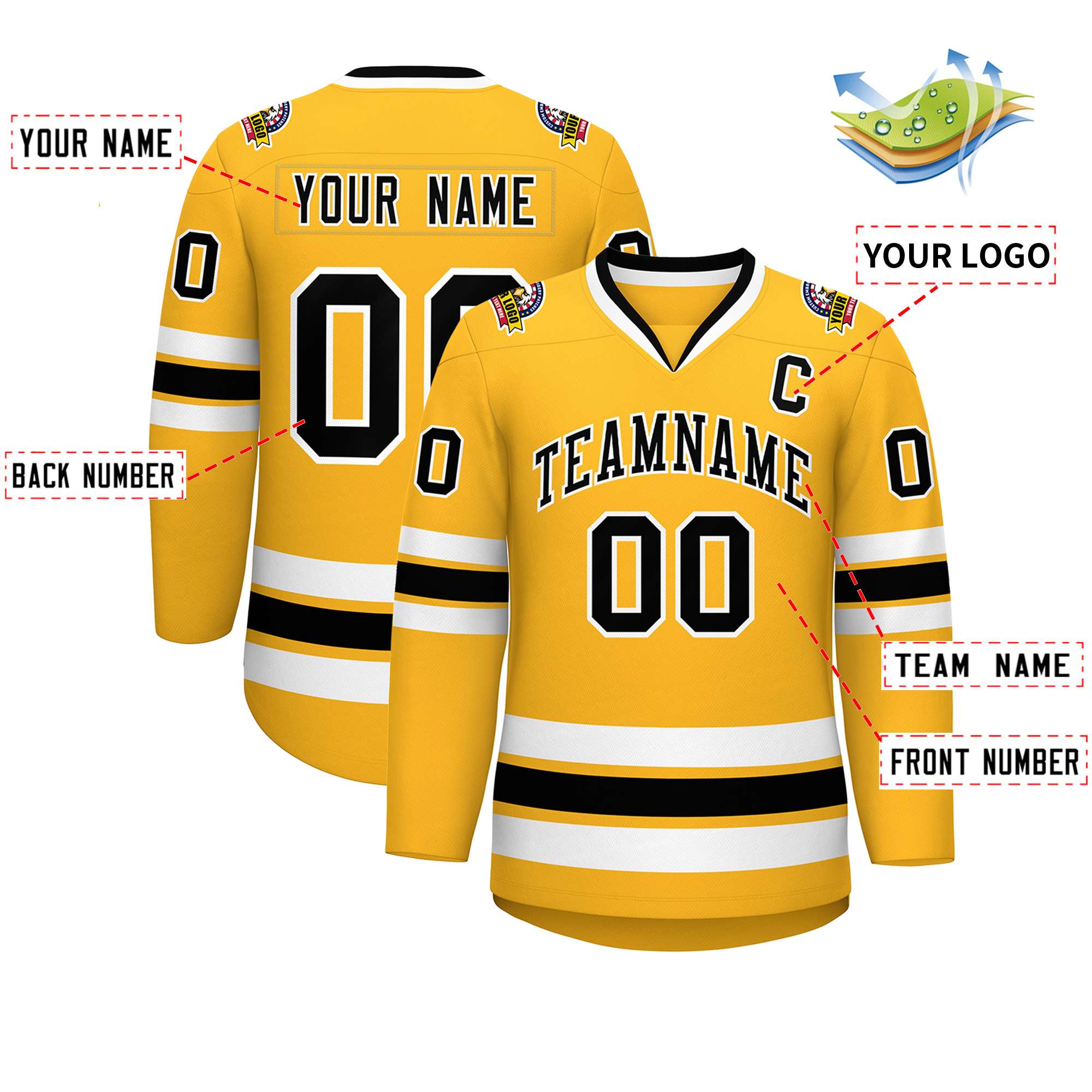 Custom Gold Black-White Classic Style Hockey Jersey