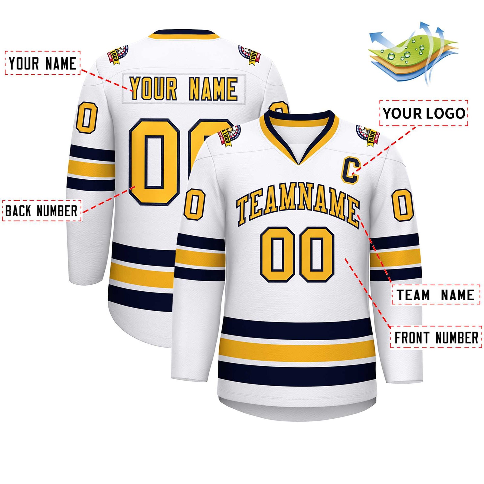 Custom White Gold-Navy Classic Style Hockey Jersey